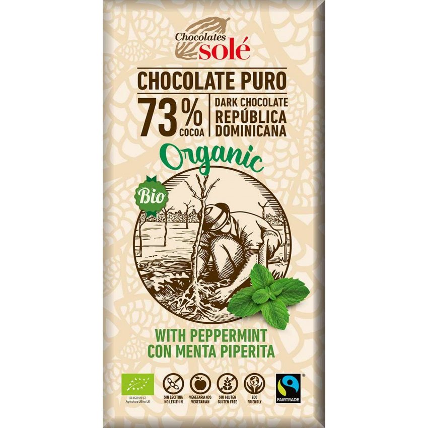 Ciocolata neagra cu 73% cacao si menta Bio, 100g, Chocolates Sole Ciocolata neagra cu 73% cacao si menta Bio, 100g, Chocolates Sole