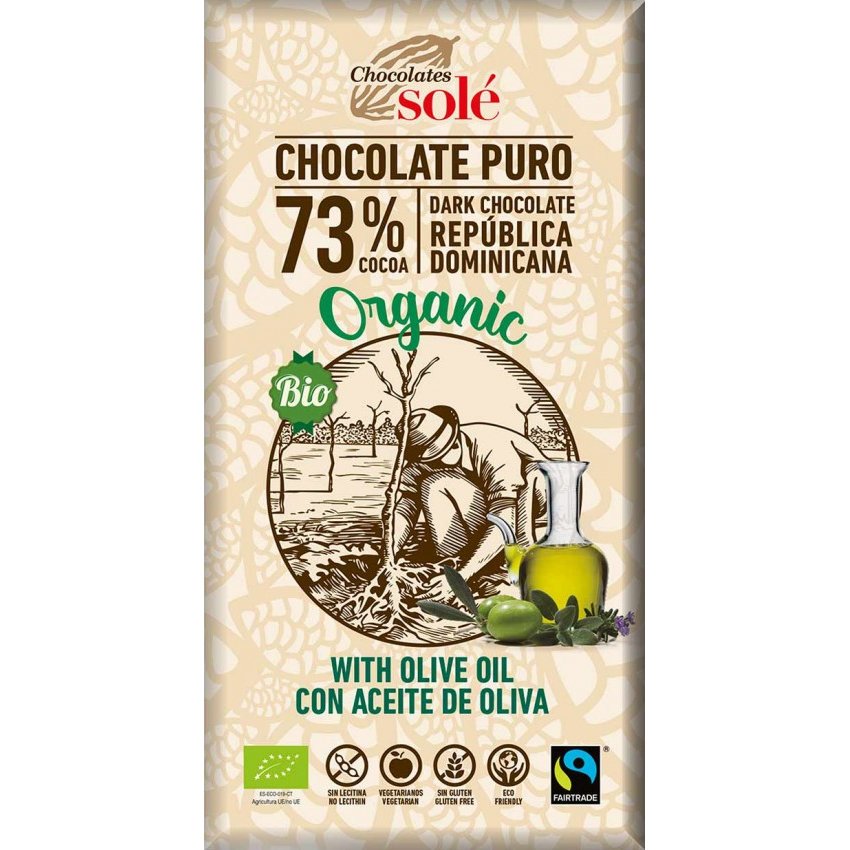 Ciocolata neagra cu 73% cacao si ulei de masline Bio, 100g, Chocolates Sole Ciocolata neagra cu 73% cacao si ulei de masline Bio, 100g, Chocolates Sole