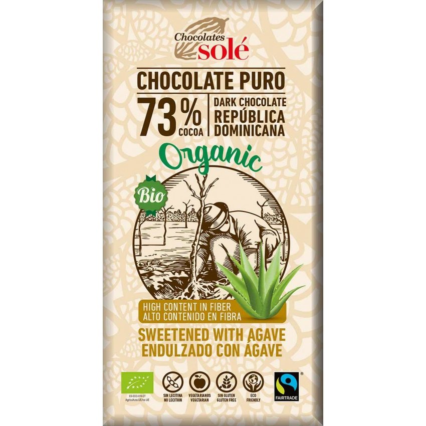 Ciocolata neagra cu 73% cacao si sirop de agave Bio, 100g, Chocolates Sole Ciocolata neagra cu 73% cacao si sirop de agave Bio, 100g, Chocolates Sole