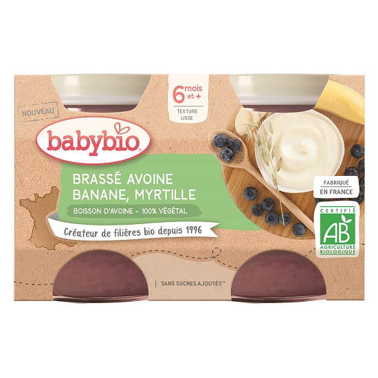 Crema din lapte de ovaz cu banane si afine Bio, 2 x 130g, BabyBio Crema din lapte de ovaz cu banane si afine Bio, 2 x 130g, BabyBio