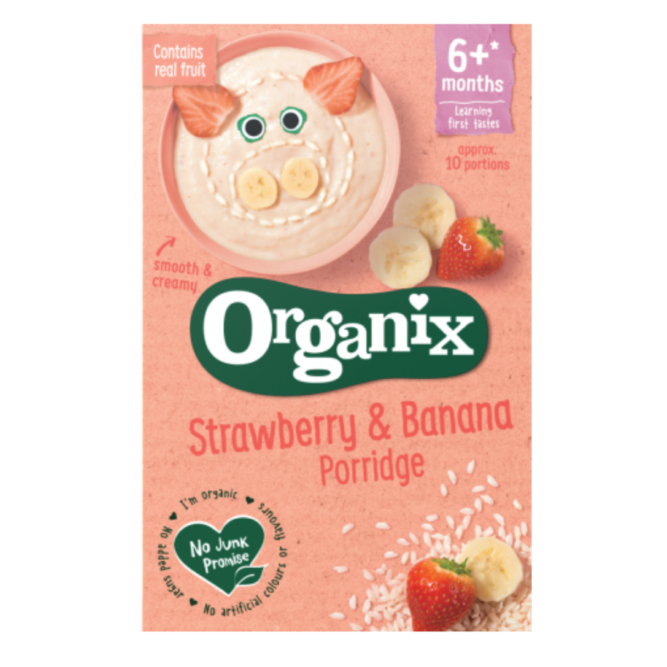 Cereale din orez + porumb + banane si capsuni Bio 6 luni+, 120g, Organix Cereale din orez + porumb + banane si capsuni Bio 6 luni+, 120g, Organix
