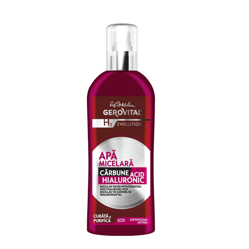 Apa micelara cu carbune si acid hialuronic H3 Evolution, 150ml, Gerovital Apa micelara cu carbune si acid hialuronic H3 Evolution, 150ml, Gerovital