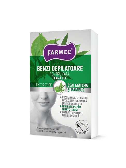 Benzi depilatoare pentru fata cu ceara gel, 20 bucati + 2 servetele, Farmec Benzi depilatoare pentru fata cu ceara gel, 20 bucati + 2 servetele, Farmec