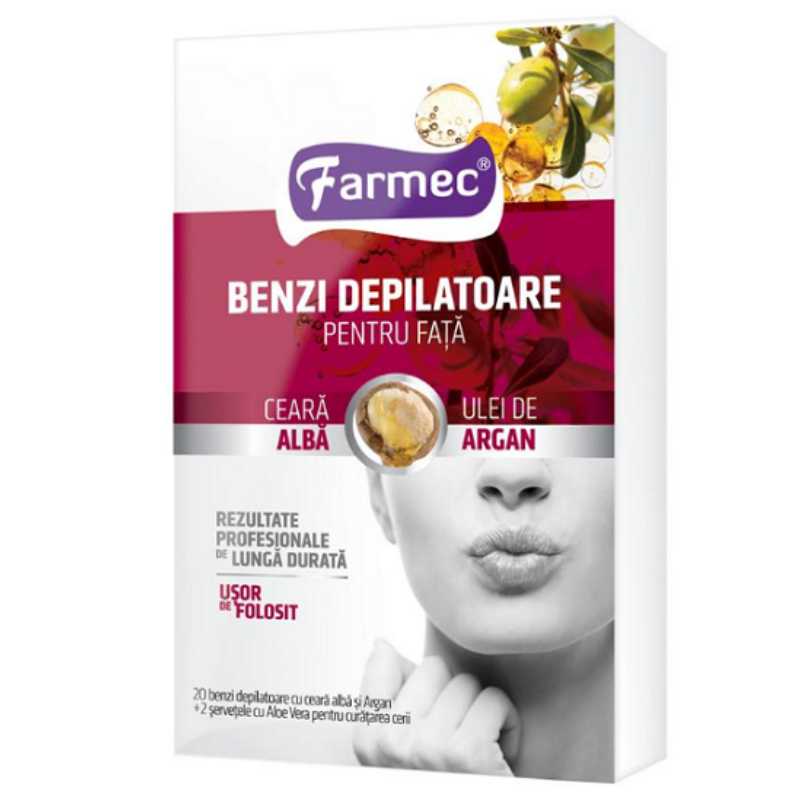 Benzi depilatoare pentru fata cu ceara alba si ulei de argan, 20 bucati + 2 servetele, Farmec Benzi depilatoare pentru fata cu ceara alba si ulei de argan, 20 bucati + 2 servetele, Farmec