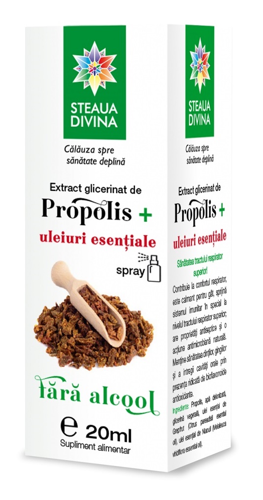 Extract glicerinat de propolis cu uleiuri esentiale, 20ml, Steaua Divina Extract glicerinat de propolis cu uleiuri esentiale, 20ml, Steaua Divina