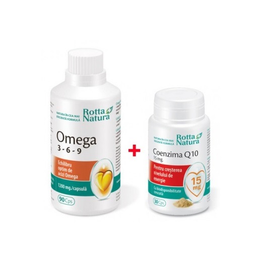 Pachet Omega 3-6-9 90 capsule + Coenzima Q10 15mg 30 capsule, Rotta Natura Pachet Omega 3-6-9 90 capsule + Coenzima Q10 15mg 30 capsule, Rotta Natura