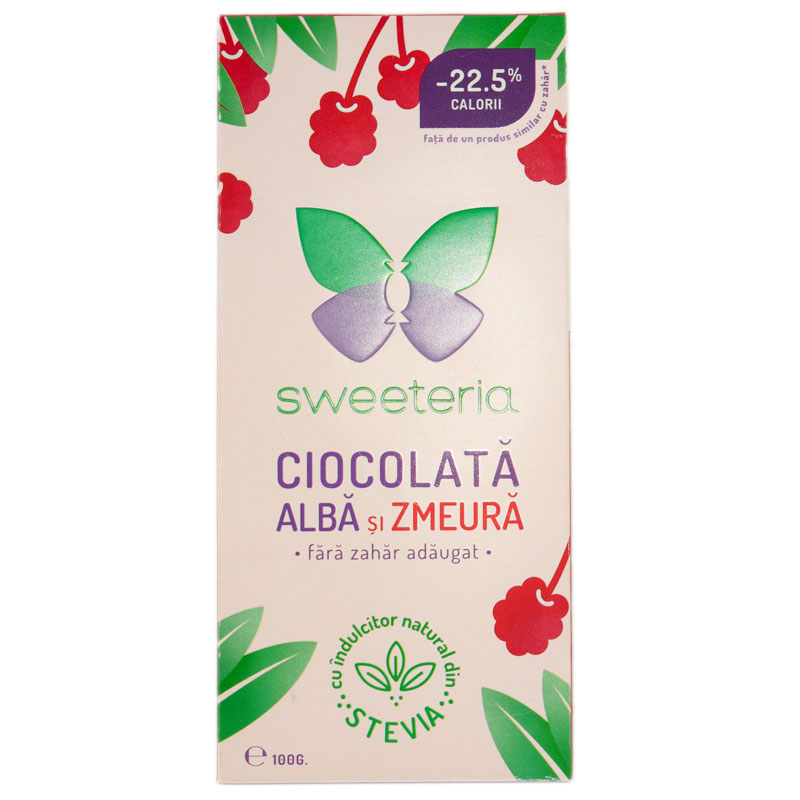 Ciocolata alba cu zmeura cu indulcitor din stevie, 100g, Sweeteria Ciocolata alba cu zmeura cu indulcitor din stevie, 100g, Sweeteria