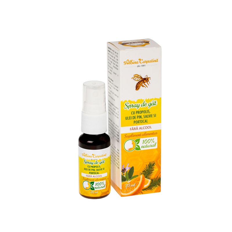 Spray de gat cu propolis, ulei de pin, salvie si portocal Albina Carpatina, 20ml, Apicola Spray de gat cu propolis, ulei de pin, salvie si portocal Albina Carpatina, 20ml, Apicola