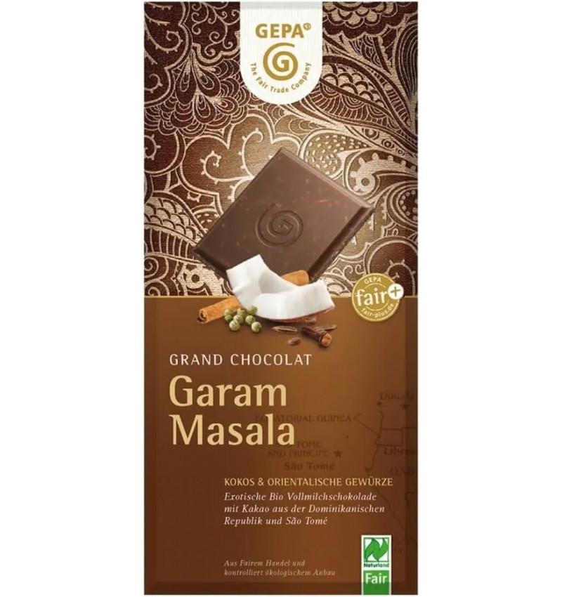 Ciocolata bio cu lapte, cocos si condimente orientale Garam Masala, 100g, Gepa Ciocolata bio cu lapte, cocos si condimente orientale Garam Masala, 100g, Gepa