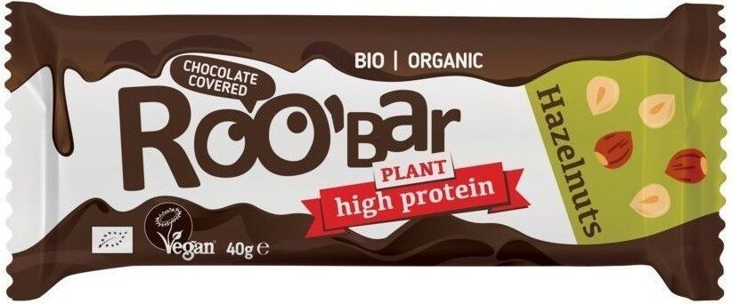 Baton proteic cu alune de padure invelit in ciocolata Bio, 40g, Roobar Baton proteic cu alune de padure invelit in ciocolata Bio, 40g, Roobar