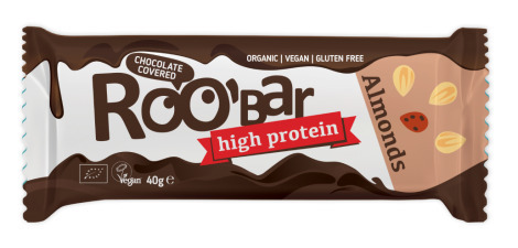 Baton proteic cu migdale invelit in ciocolata Bio, 40g, Roobar Baton proteic cu migdale invelit in ciocolata Bio, 40g, Roobar