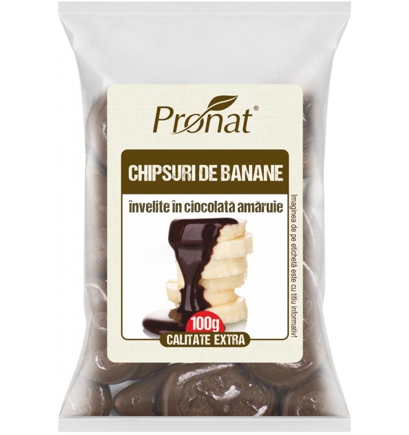 Chipsuri de banane invelite in ciocolata amaruie, 100g, Pronat Chipsuri de banane invelite in ciocolata amaruie, 100g, Pronat