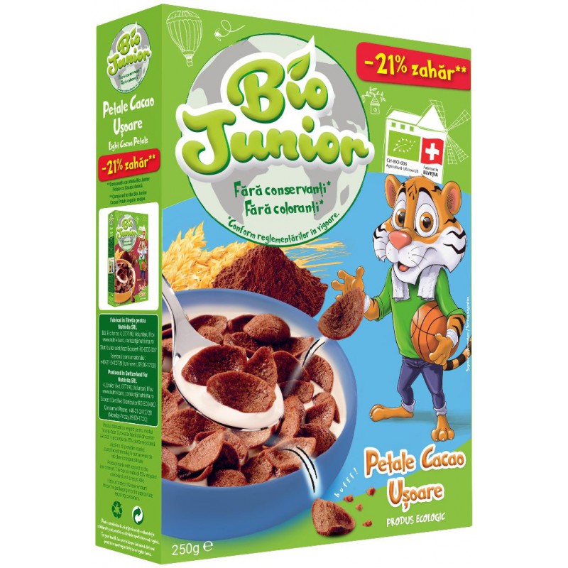 Cereale in forma de petale usoare cu cacao Bio, 250g, Bio Junior Cereale in forma de petale usoare cu cacao Bio, 250g, Bio Junior