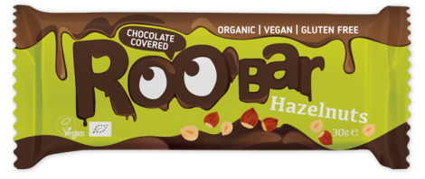 Baton cu alune de padure invelit in ciocolata Bio, 30g, Roobar Baton cu alune de padure invelit in ciocolata Bio, 30g, Roobar