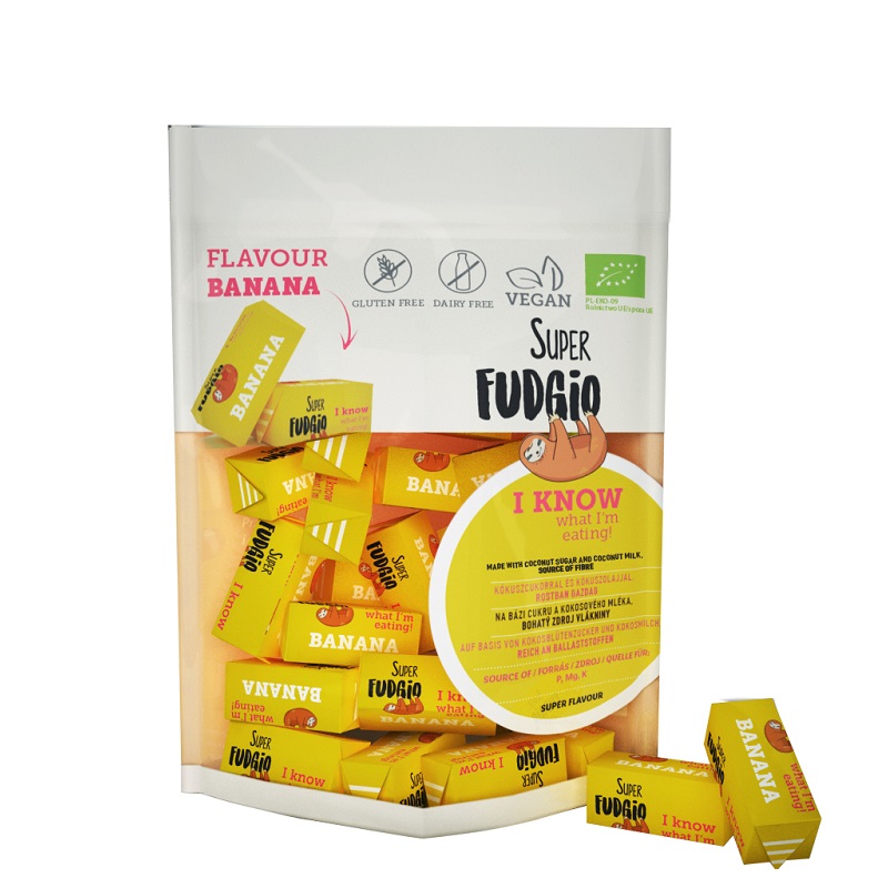 Caramele bio cu aroma de banane fara gluten, 150g, Super Fudgio Caramele bio cu aroma de banane fara gluten, 150g, Super Fudgio