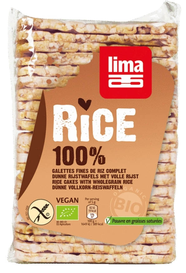 Rondele subtiri rentagulare din orez expandat cu sare fara gluten Bio, 130g, Lima Rondele subtiri rentagulare din orez expandat cu sare fara gluten Bio, 130g, Lima