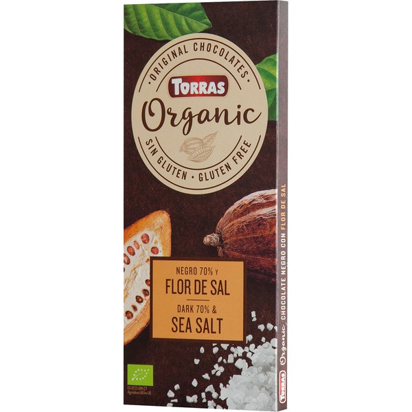 Ciocolata neagra cu sare de mare fara zahar si gluten 70% cacao Organic, 100g, Torras Ciocolata neagra cu sare de mare fara zahar si gluten 70% cacao Organic, 100g, Torras