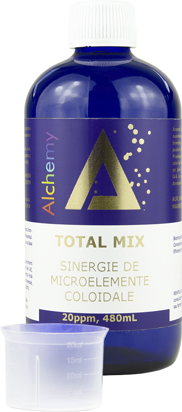 Sinergie de microelemente: aur argint platina cupru zinc magneziu vanadiu crom coloidal Total Mix 20ppm, 480ml, Alchemy Sinergie de microelemente: aur argint platina cupru zinc magneziu vanadiu crom coloidal Total Mix 20ppm, 480ml, Alchemy