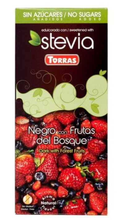 Ciocolata neagra cu fructe de padure fara zahar si gluten 58% cacao Stevia, 125g, Torras Ciocolata neagra cu fructe de padure fara zahar si gluten 58% cacao Stevia, 125g, Torras