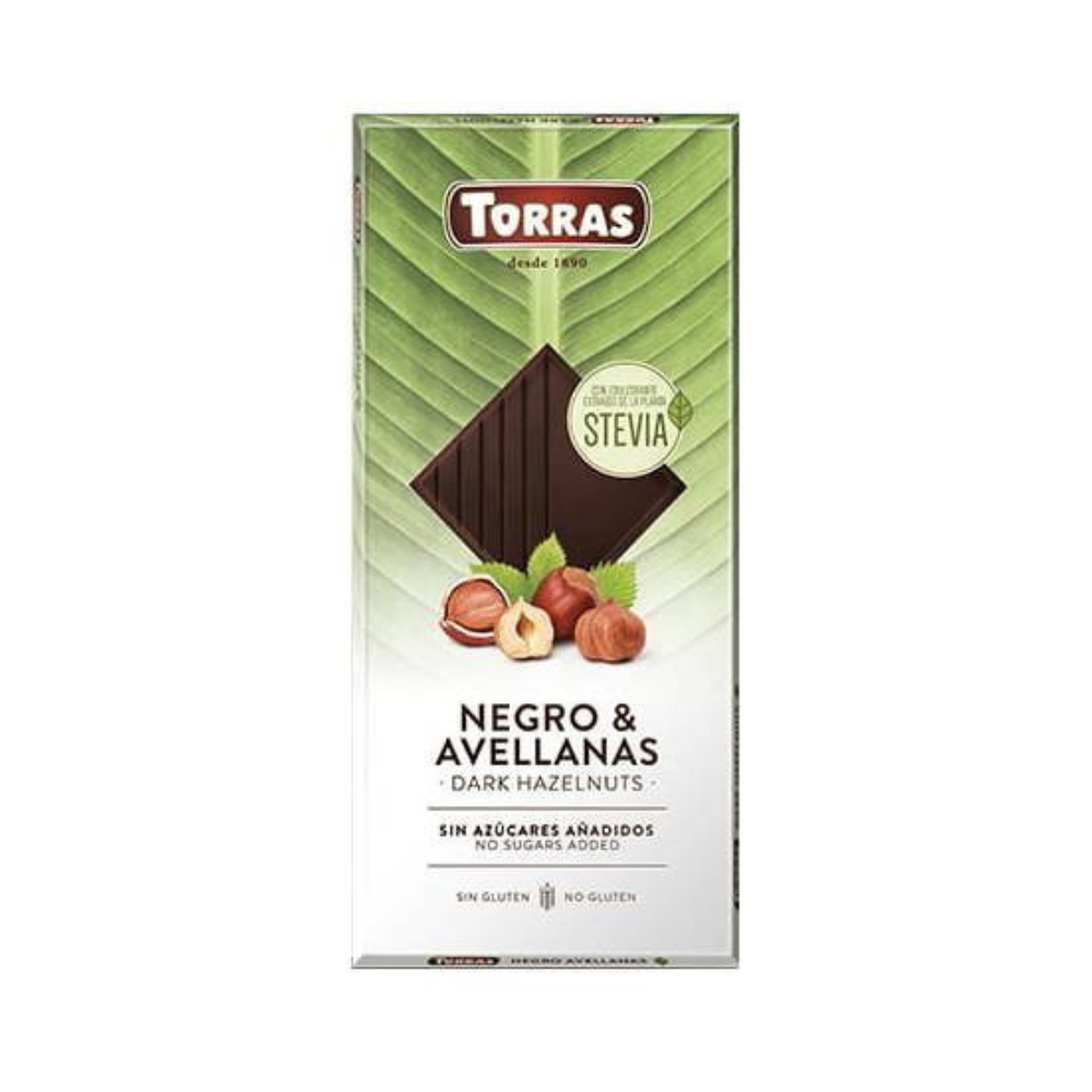 Ciocolata neagra cu alune fara zahar si gluten 54% cacao Stevia, 125g, Torras Ciocolata neagra cu alune fara zahar si gluten 54% cacao Stevia, 125g, Torras