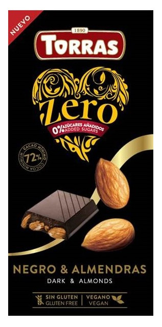 Ciocolata neagra cu migdale fara zahar si gluten 72% cacao Zero, 150g, Torras Ciocolata neagra cu migdale fara zahar si gluten 72% cacao Zero, 150g, Torras