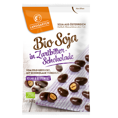 Boabe de soia invelite in ciocolata amaruie fara gluten, 50G, Landgarten Boabe de soia invelite in ciocolata amaruie fara gluten, 50G, Landgarten