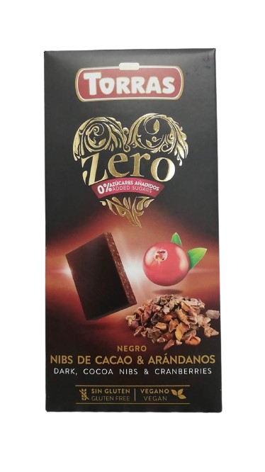 Ciocolata neagra cu merisoare fara zahar si gluten 52% cacao Zero, 125g, Torras Ciocolata neagra cu merisoare fara zahar si gluten 52% cacao Zero, 125g, Torras