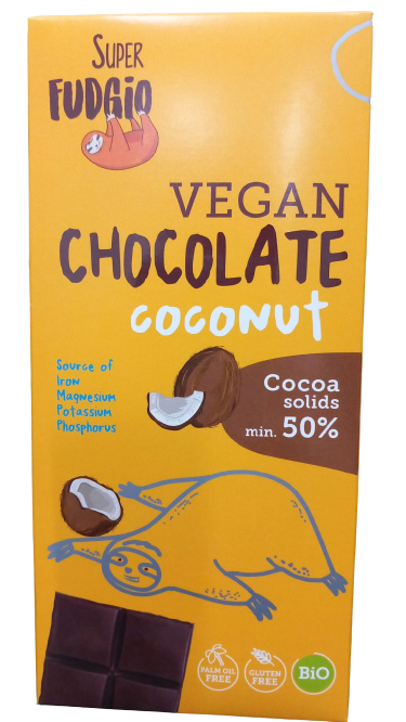 Ciocolata cu lapte de cocos bio fara gluten, 80g, Super Fudgio Ciocolata cu lapte de cocos bio fara gluten, 80g, Super Fudgio