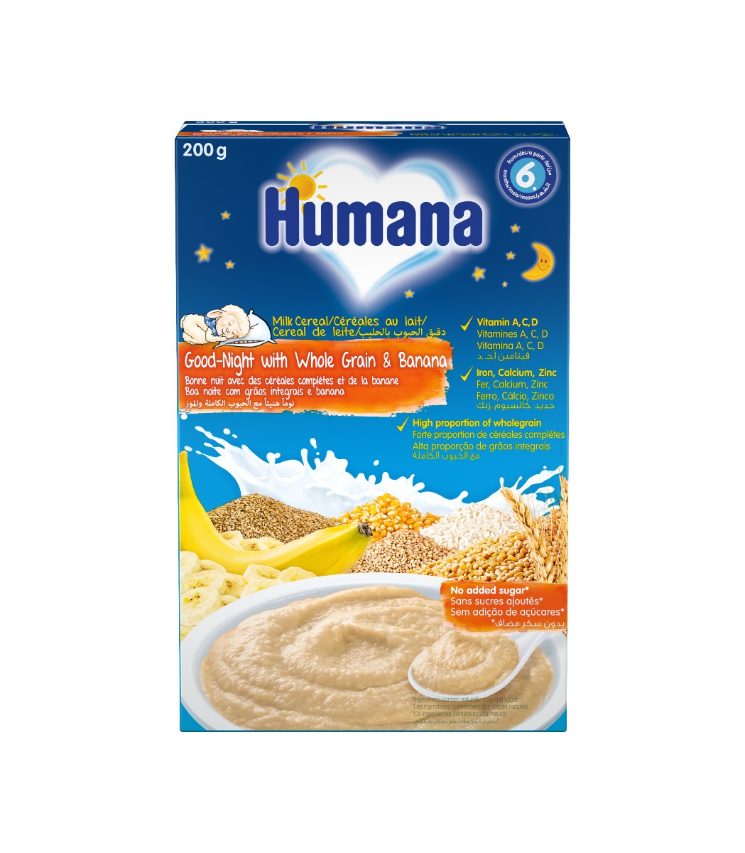Cereale cu lapte si banana Noapte Buna de la 6 luni, 200g, Humana Cereale cu lapte si banana Noapte Buna de la 6 luni, 200g, Humana