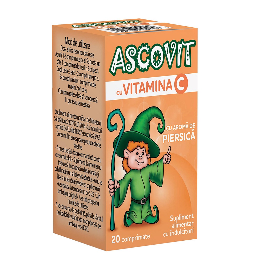 Ascovit cu aroma de piersica 100 mg, 20 comprimate, Omega Pharma Ascovit cu aroma de piersica 100 mg, 20 comprimate, Omega Pharma