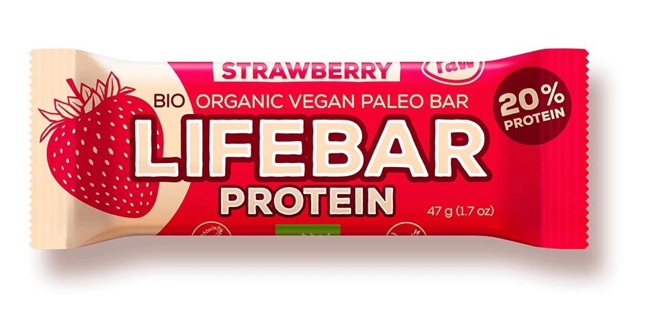 Baton proteic cu capsuni raw Lifebar Bio, 47g, Lifefood