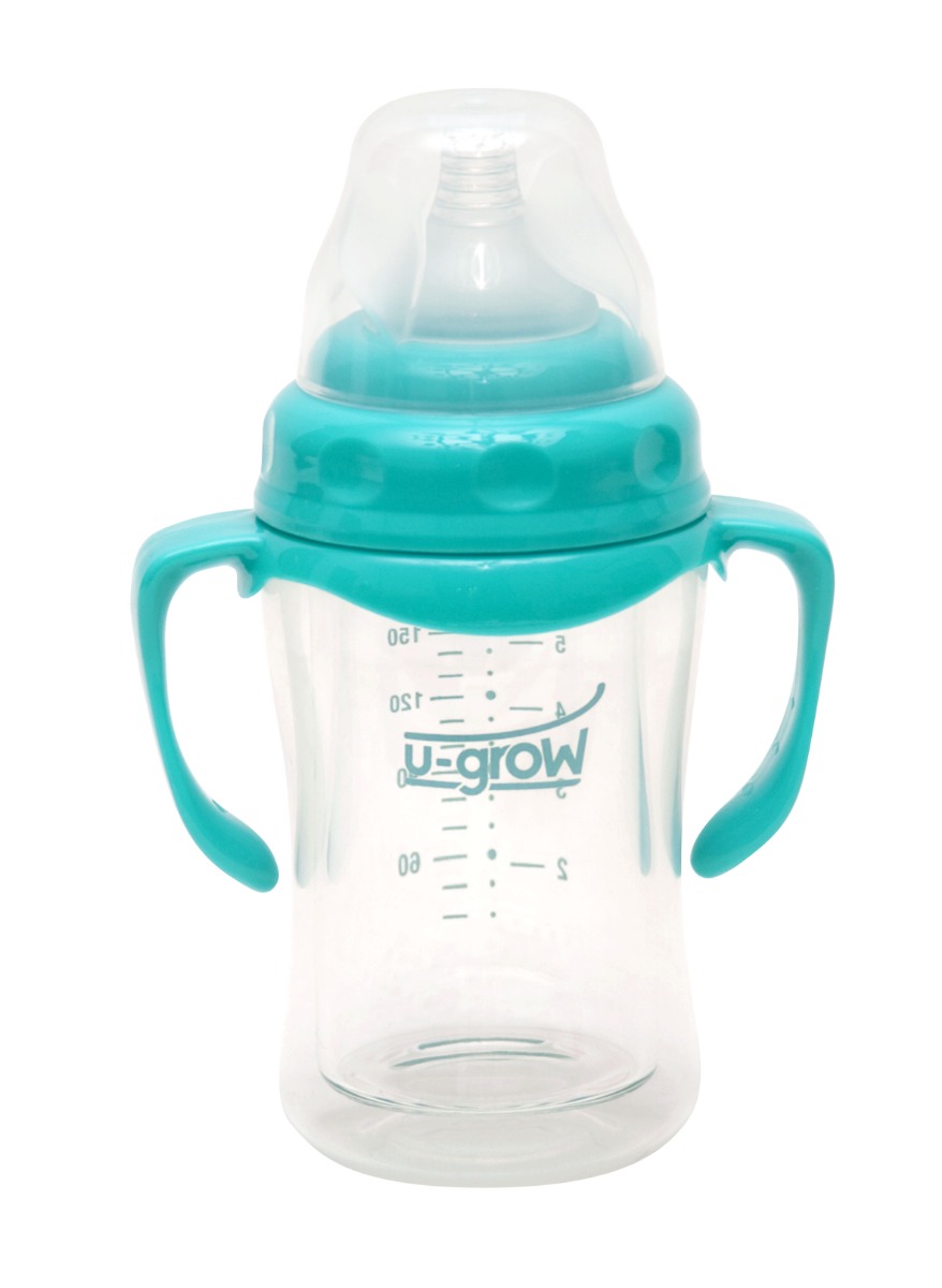 Biberon din sticla cu gat larg si protectie din plastic moale pentru 0-3 luni A-1055, 120ml, U-Grow Biberon din sticla cu gat larg si protectie din plastic moale pentru 0-3 luni A-1055, 120ml, U-Grow