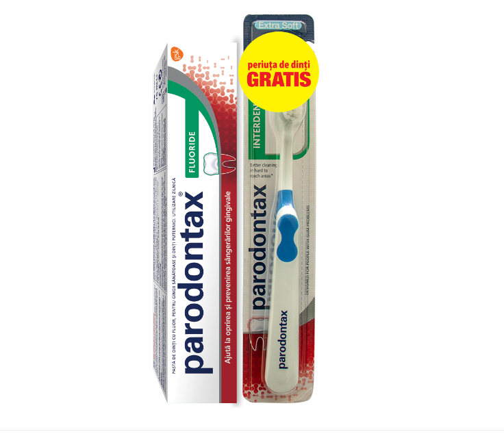 Pachet Pasta de dinti Fluoride, 75ml, + Periuta de dinti Interdental Extra Soft, 1 bucata Gratuit, Parodontax Pachet Pasta de dinti Fluoride, 75ml, + Periuta de dinti Interdental Extra Soft, 1 bucata Gratuit, Parodontax