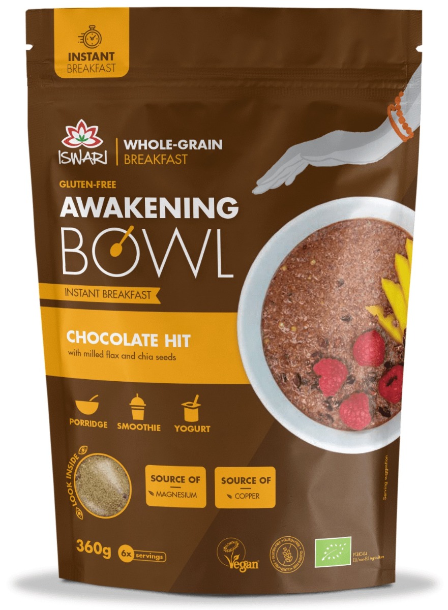 Mic dejun instant bio fara zahar cu ciocolata, in si chia, 360g, Iswari Mic dejun instant bio fara zahar cu ciocolata, in si chia, 360g, Iswari