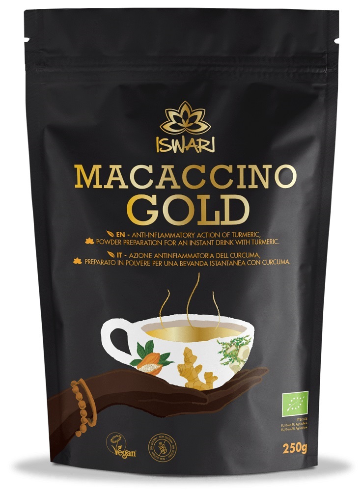 Bautura instant functionala bio vegana Macaccino Gold, 250g, Iswari Bautura instant functionala bio vegana Macaccino Gold, 250g, Iswari
