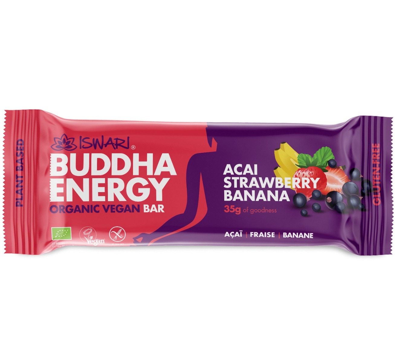 Baton energizant bio cu acai, capsuni si banane Buddha, 35g, Iswari Baton energizant bio cu acai, capsuni si banane Buddha, 35g, Iswari