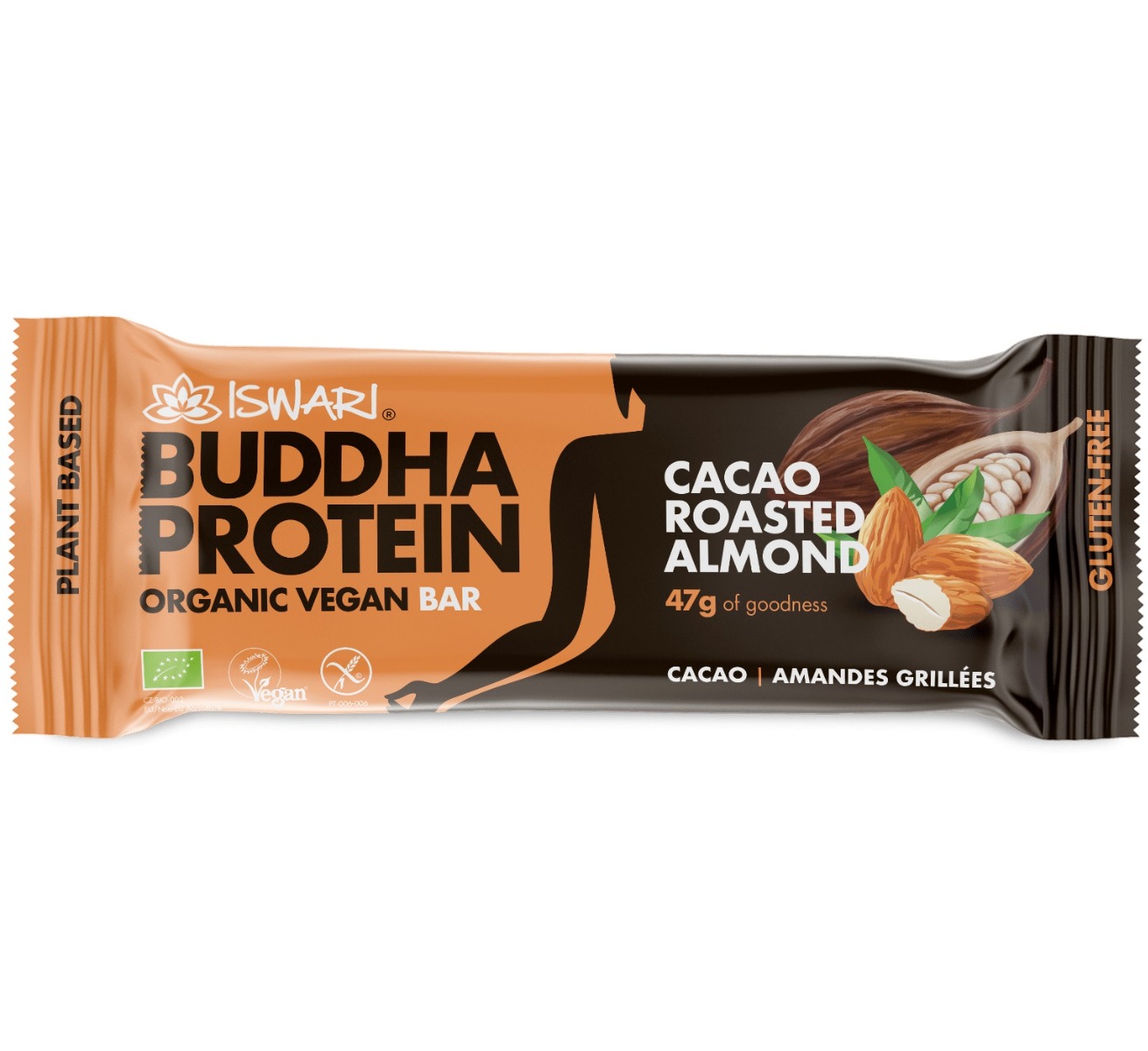 Baton proteic bio cu migdale prajite si cacao Buddha, 47g, Iswari Baton proteic bio cu migdale prajite si cacao Buddha, 47g, Iswari