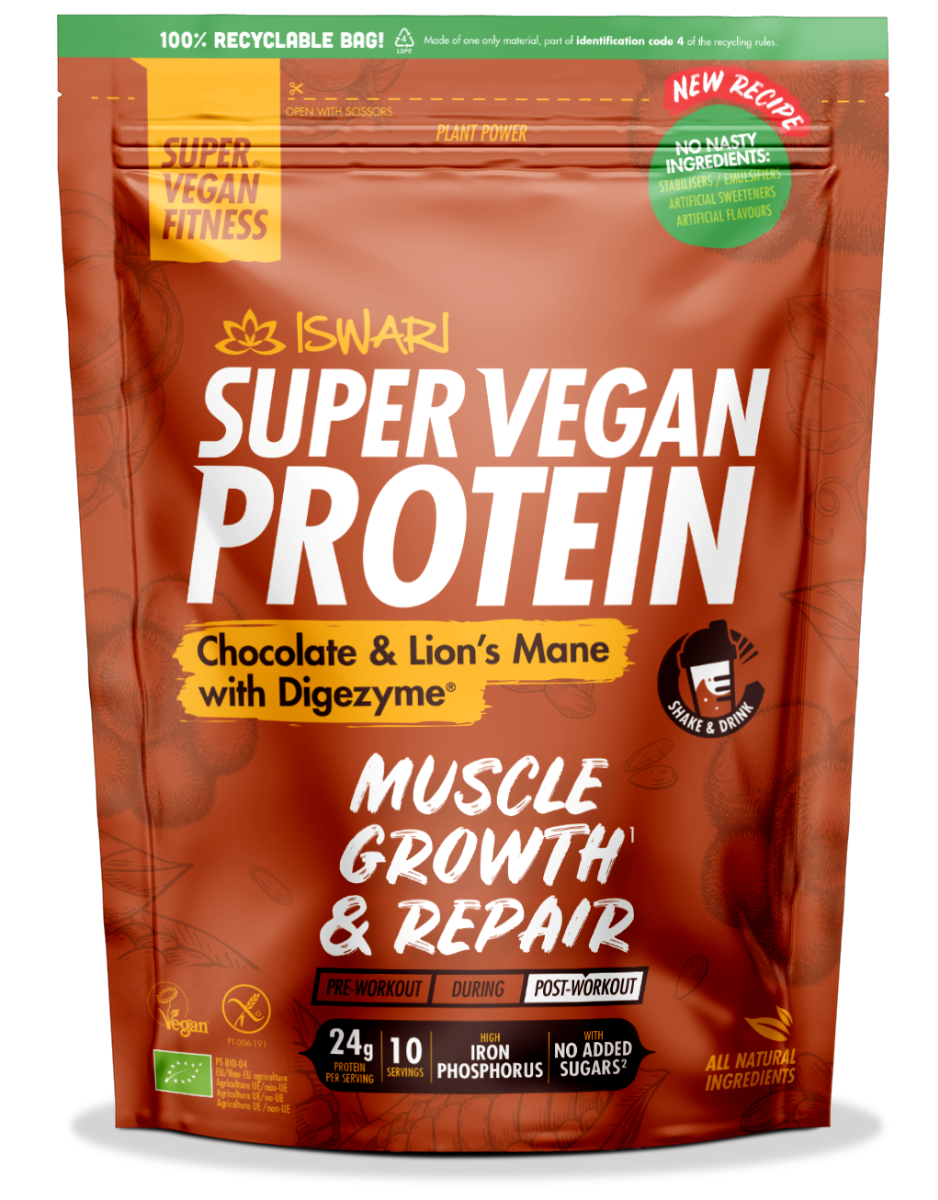 Proteina Super Vegan bio ciocolata si coama de leu cu DigeZyme, 400g, Iswari Proteina Super Vegan bio ciocolata si coama de leu cu DigeZyme, 400g, Iswari