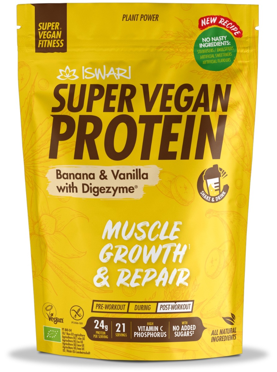 Proteina Super Vegan bio banane si vanilie cu DigeZyme, 875g, Iswari Proteina Super Vegan bio banane si vanilie cu DigeZyme, 875g, Iswari