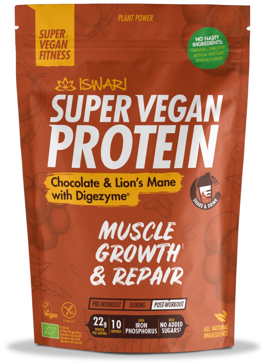 Proteina Super Vegan bio ciocolata si coama de leu cu DigeZyme, 875g, Iswari Proteina Super Vegan bio ciocolata si coama de leu cu DigeZyme, 875g, Iswari