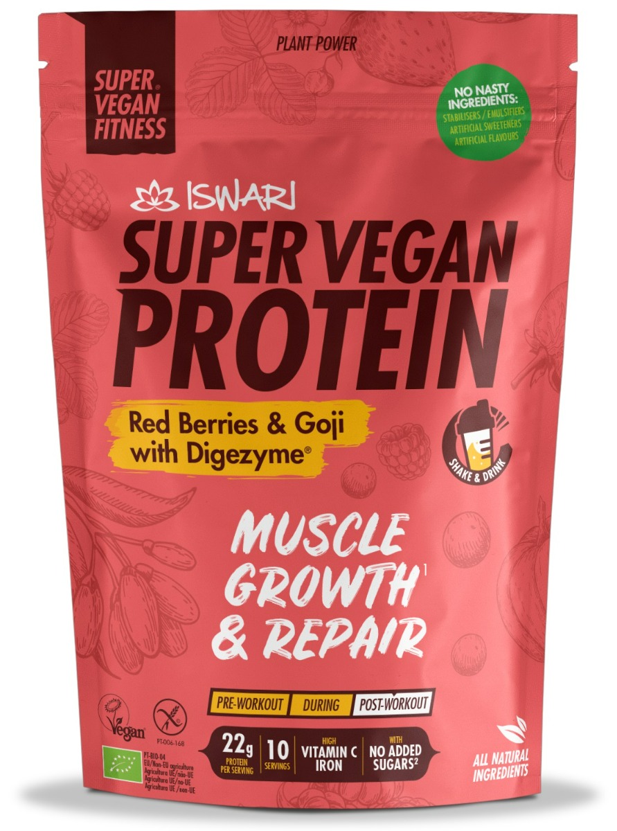 Proteina bio fructe rosii si goji cu digezyme Super Vegan, 875g, Iswari Proteina bio fructe rosii si goji cu digezyme Super Vegan, 875g, Iswari