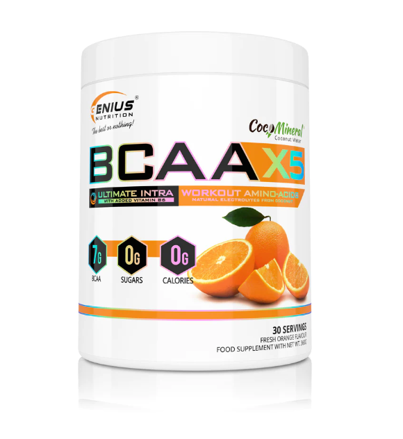 Aminoacizi pudra cu aroma de portocala BCAA-X5, 360g, Genius Nutrition Aminoacizi pudra cu aroma de portocala BCAA-X5, 360g, Genius Nutrition