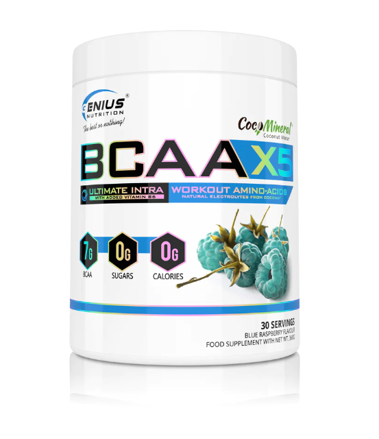 Aminoacizi pudra cu aroma de zmeura albastra BCAA-X5, 360g, Genius Nutrition Aminoacizi pudra cu aroma de zmeura albastra BCAA-X5, 360g, Genius Nutrition