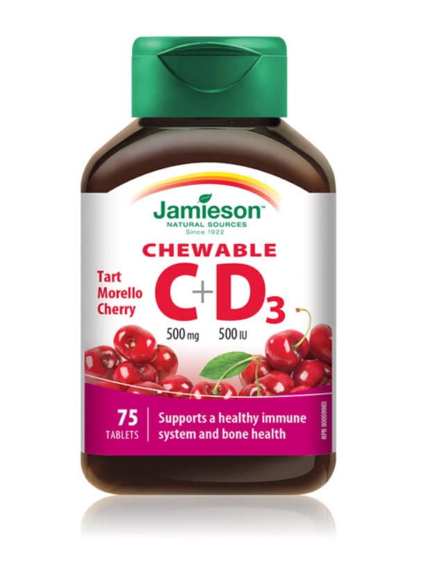 Vitamina C 500mg + Vitamina D 500 UI cu aroma de cirese, 75 tablete masticabile, Jamieson Vitamina C 500mg + Vitamina D 500 UI cu aroma de cirese, 75 tablete masticabile, Jamieson