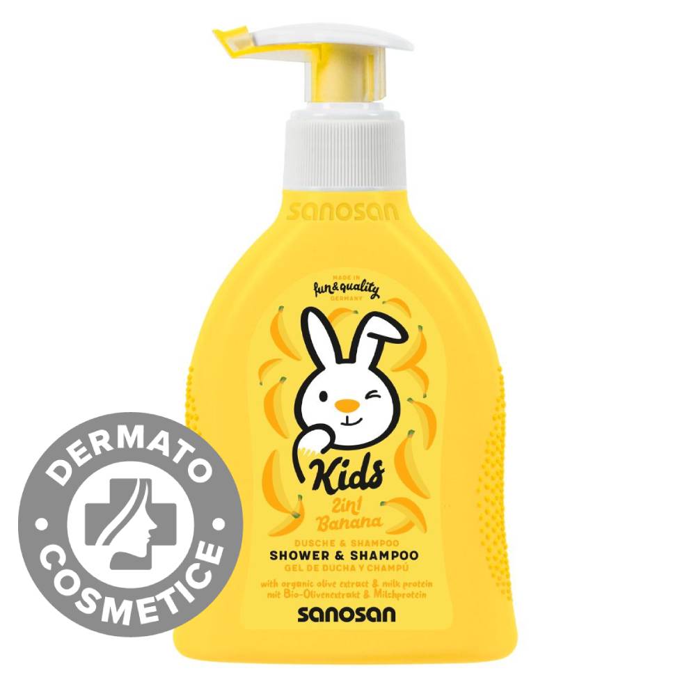 Gel de dus si sampon 2in1 cu aroma de banane Kids, 200ml, Sanosan Gel de dus si sampon 2in1 cu aroma de banane Kids, 200ml, Sanosan