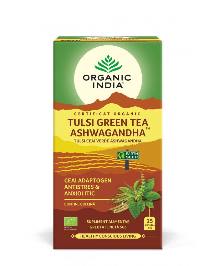 Ceai ashwagandha si ceai verde Tusli, 25 plicuri, Organic India Ceai ashwagandha si ceai verde Tusli, 25 plicuri, Organic India
