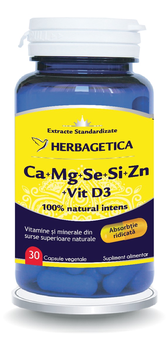 Ca+Mg+Se+Si+Zn Organice cu Vitamina D3, 30 capsule, Herbagetica Ca+Mg+Se+Si+Zn Organice cu Vitamina D3, 30 capsule, Herbagetica