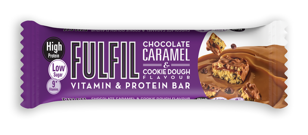 Baton proteic cu 9 vitamine Chocolate and Caramel Cookie Dough, 55g, Fulfil Nutrition