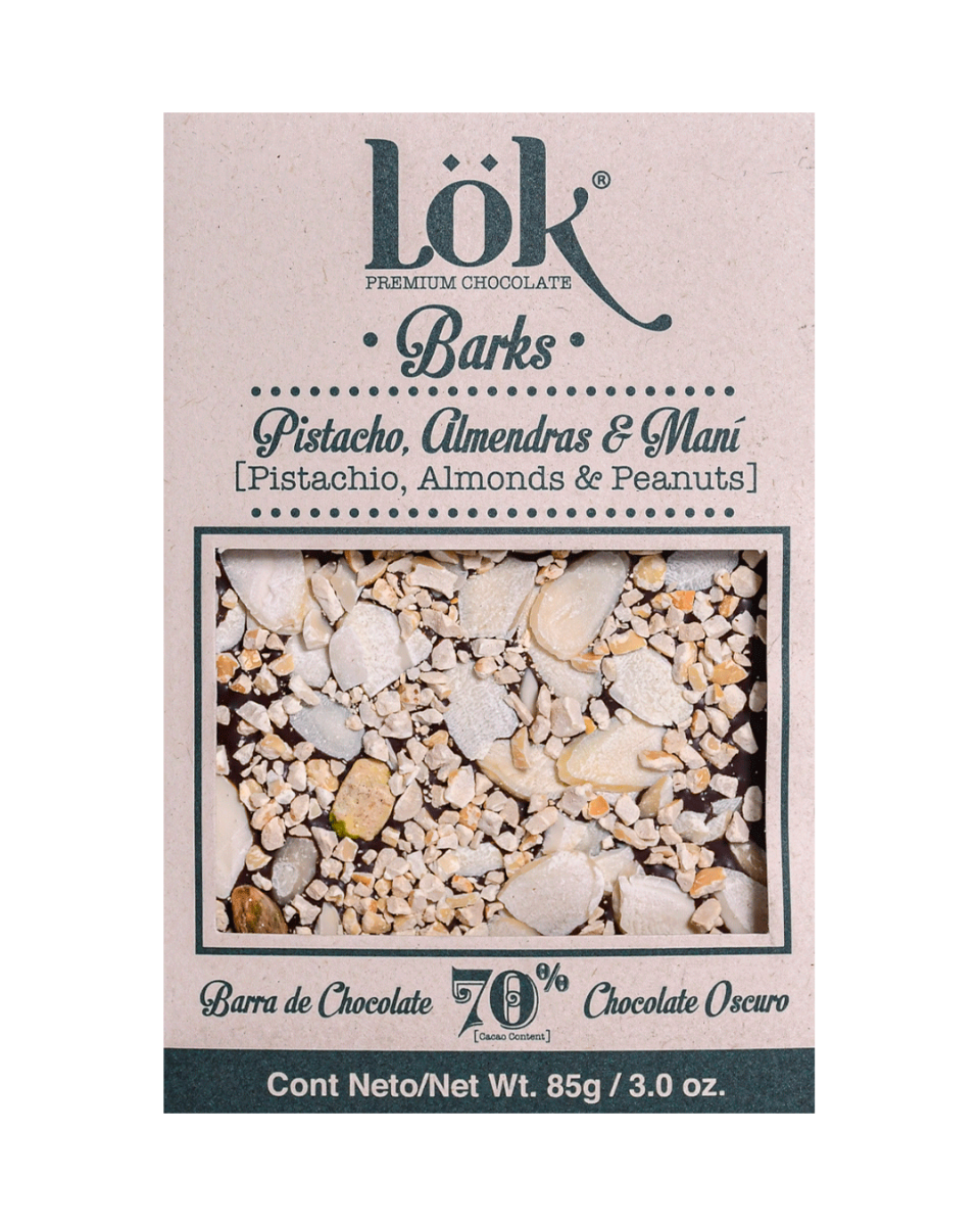 Dark Chocolate 70% cacao cu arahide, migdale si fistic, 85g, LOK Dark Chocolate 70% cacao cu arahide, migdale si fistic, 85g, LOK