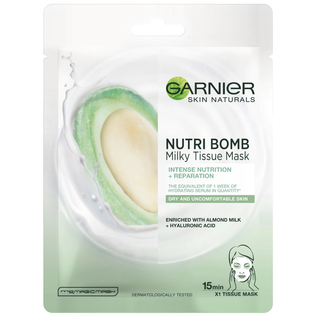 Masca servetel cu lapte de migdale si acid hialuronic pentru ten uscat, 28g, Garnier Masca servetel cu lapte de migdale si acid hialuronic pentru ten uscat, 28g, Garnier